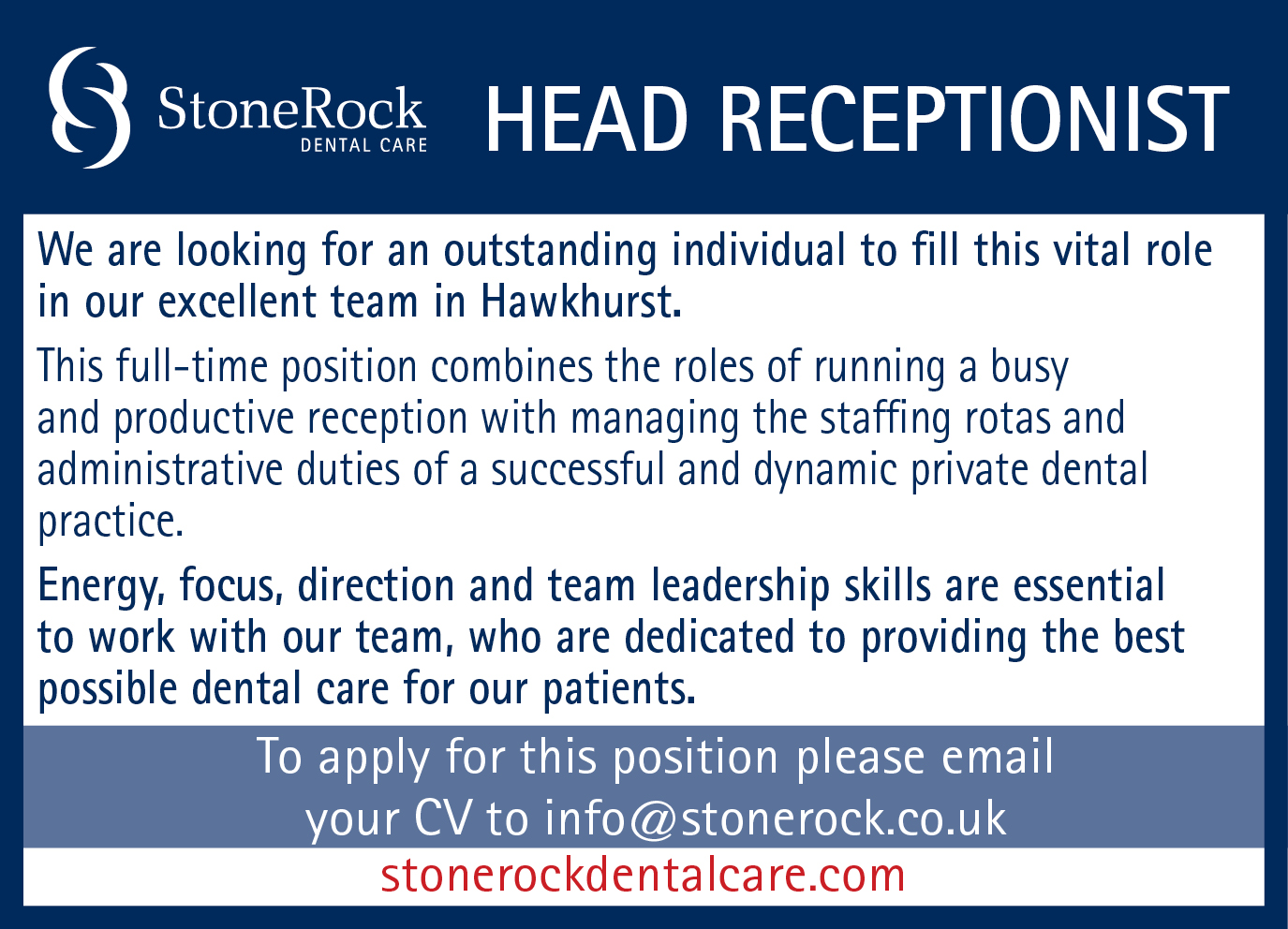 Job Advert StoneRock Dental Care